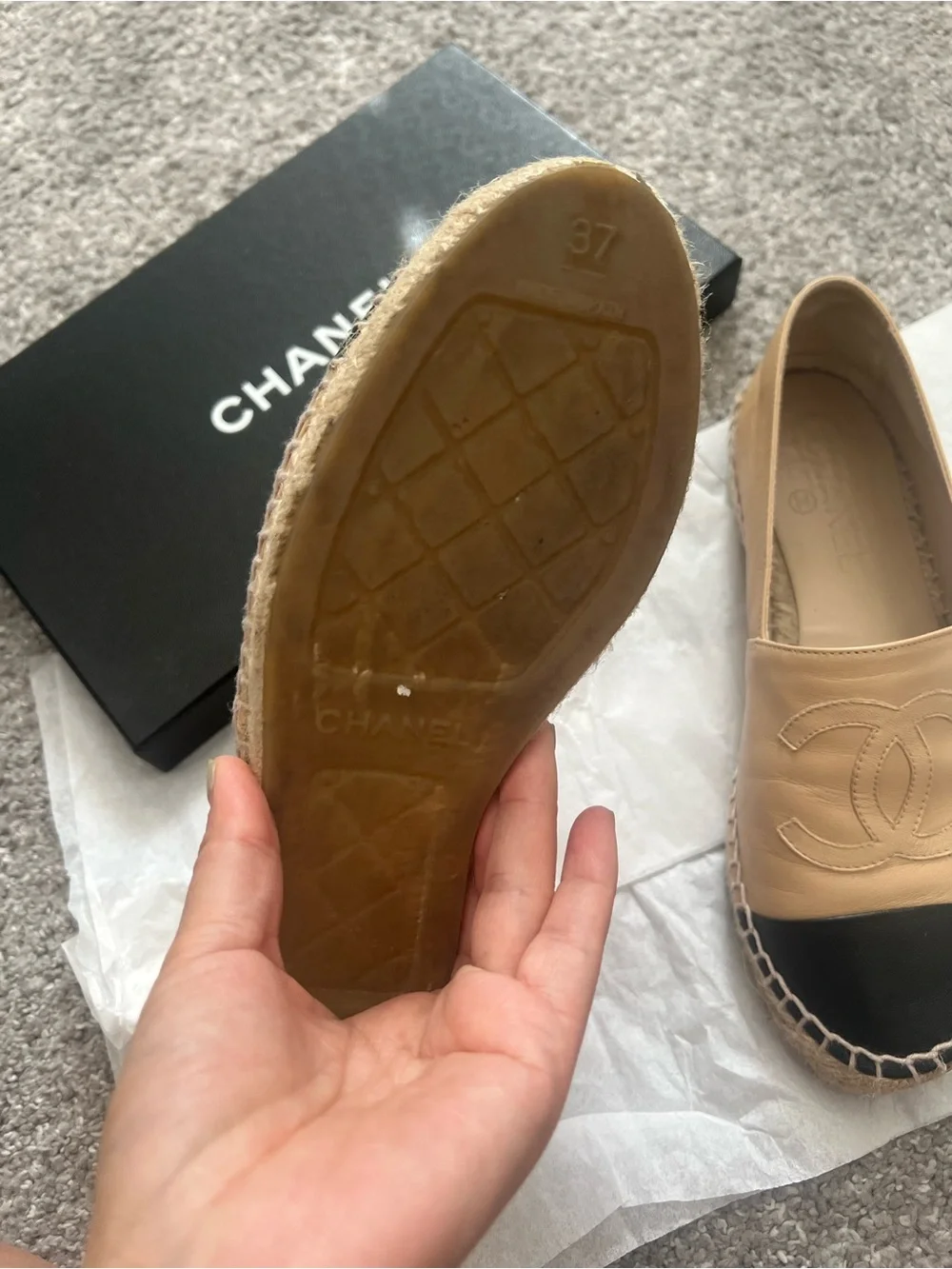 CHANEL Women's Beige and Black Leather Espadrille Flats